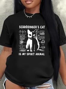 Symbolic Cat Representing A Quantum Mystery Between Life And Death, Showing Balance Between Science And Fantasy, Ideal For Curious Minds. Women's Casual, Modern, Comfortable T-Shirt For Everyday Wear. - 黑色 - 查看 6