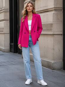 Blazer de manga larga de doble botonadura de unicolor para primavera y otoño - Rosa Fucsia - Ver 2
