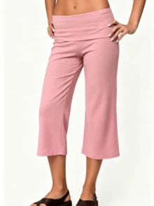 Womens Low Rise Capri Pants Fold Over Waistband Solid Color Slim Fit Cropped Pants Trousers - 粉色 - 查看 1