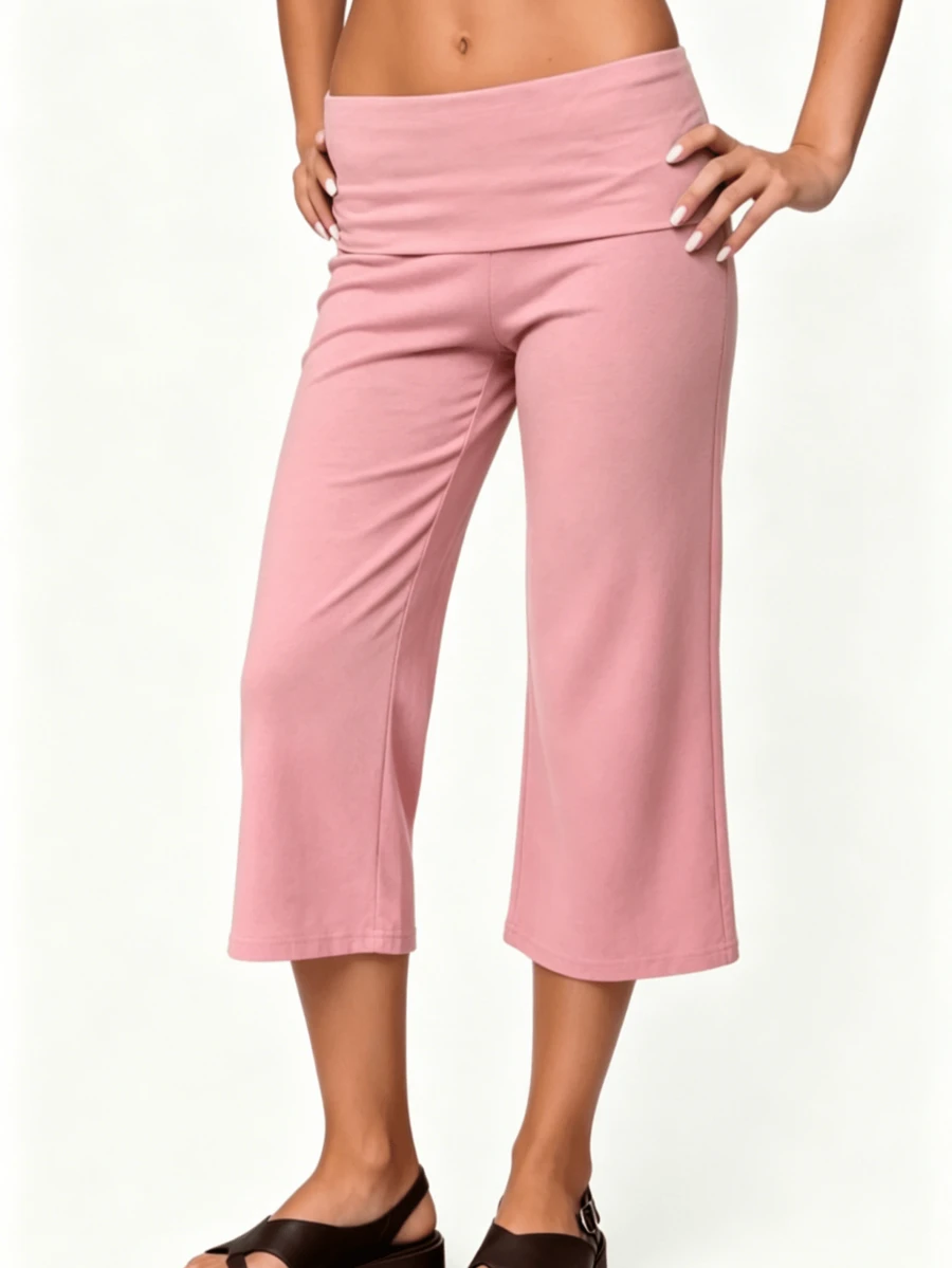 Womens Low Rise Capri Pants Fold Over Waistband Solid Color Slim Fit Cropped Pants Trousers - 粉色 - 查看 1