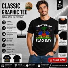 Camiseta Gráfica de Manga Corta Unisex para Hombre y Mujer, 100% Algodón, con Diseño de la Bandera de Haití, Orgullo Haitiano, Estilo Casual - Negro (Solo disponible en blanco y negro) - Ver 1