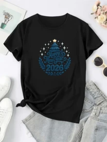 Festive Blue Tree With A Gold Star On Top Surrounded By Leaves And Sparkles Symbolizing Joy, Hope, And New Beginnings To Celebrate The Year 2026. Women's Casual, Modern, Comfortable T-Shirt For Christmas Occasions. - 黑色 - 查看 8