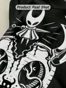 Camiseta de manga corta con cuello redondo suave y casual para mujer, estampado gráfico del personaje Hollow Knight, adecuada para primavera y verano. Blanca. - Negro - Ver 3