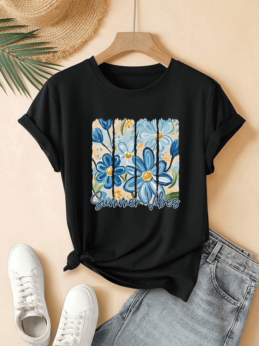 Flores azules y amarillas que transmiten energía cálida y alegría veraniega inspirando frescura y vitalidad en cada día camiseta de mujer cómoda casual para uso diario - Negro - Ver 1