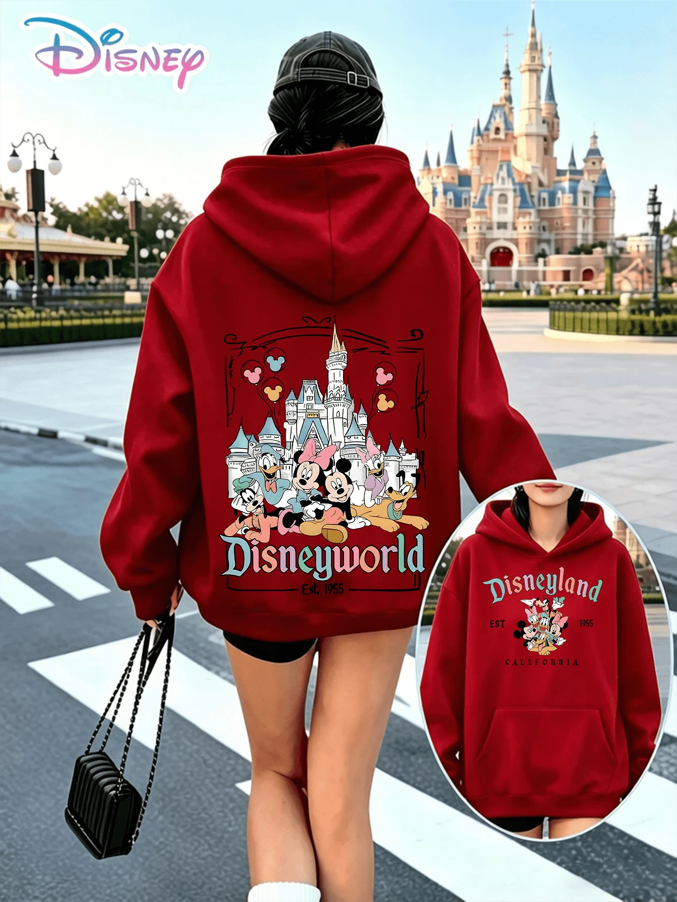 Disney Disneyworld Castle Mickey Friends Balloon Printed Unisex Hoodie With "Disneyworld Est.1955" Slogan. A Relaxed, Casual, And Versatile Top, Perfect For Holiday Gifting. (Unisex Autumn/Winter Clothing/Elegant Casual Outfits/Patterned Hoodies/Printed Tops/Casual Outfits For Theme‑Park Daily Wear) - Đỏ - Xem 1