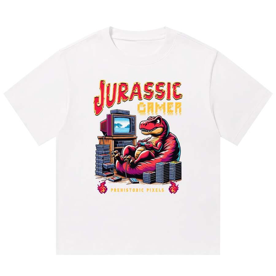 Boy Camiseta De Manga Corta Con Estampado De Juego JuráSico Para Hombres Y Mujeres, Parejas, AlgodóN Puro De Alto Gramaje, Corte Holgado, Camiseta De Marca A La Moda - Blanco - Ver 1