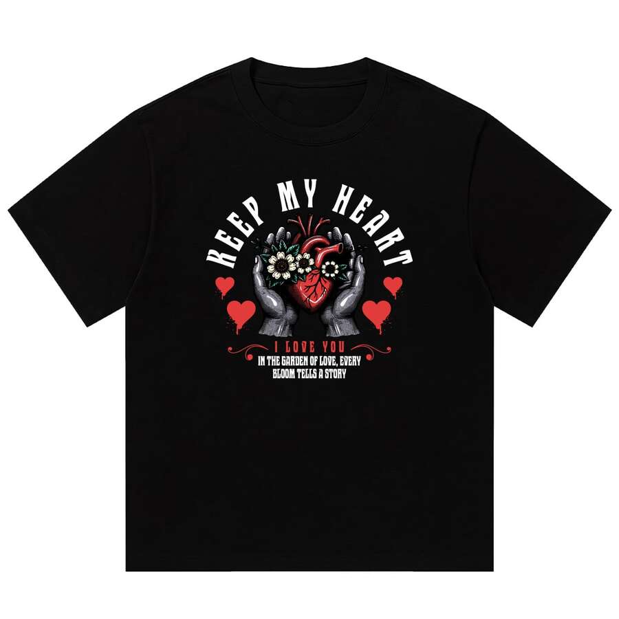 Boy Camiseta De Manga Corta Estampada De Estilo Retro Americano Oscuro Para Hombres Y Mujeres, Top Holgado De Moda Urbana De Verano Para Parejas. - Negro - Ver 1
