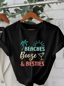 Palmeras sol y cóctel que evocan amistad diversión y días de playa con letras coloridas que transmiten energía positiva camiseta de mujer casual cómoda para verano y reuniones relajadas - Negro - Ver 8