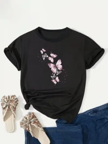 Mariposas rosadas que simbolizan libertad y transformación flotando suavemente transmiten esperanza y belleza natural camiseta de mujer casual cómoda para uso diario elegante y moderna - Negro - Ver 8