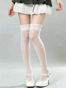 1 Pair Women's White Lace Bow Over-The-Knee Long Stockings, Soft Semi-Transparent Knee-High Socks, Cute Lolita Style Elastic Tights, Suitable For Spring/Summer, Party And Daily Wear - White - View 1
