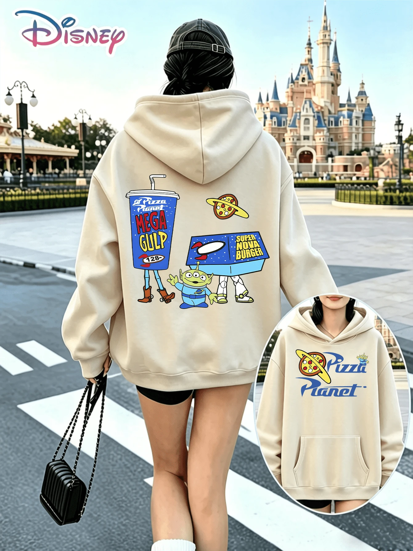 Disney Toy Story Pizza Planet Alien Mega Gulp Printed Unisex Hoodie With Retro Fast‑Food‑Style Motifs. A Relaxed, Casual, And Versatile Top, Perfect For Holiday Gifting. (Unisex Autumn/Winter Clothing/Elegant Casual Outfits/Patterned Hoodies/Printed Tops/Casual Outfits For Space‑Snack‑Theme Daily Wear) - Màu be - Xem 1