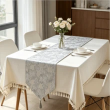 HXARTMIS 1pc Elegant Grey 3D Jacquard Table Runner, Vintage Floral Embossed Tassel Table Runner, Modern Luxury Dining Table Decor Suitable For Restaurant, Home Decoration - Grey - View 4