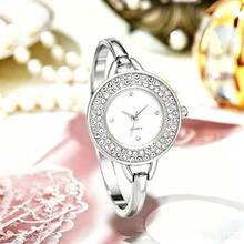 Reloj pulsera de mujer de moda, esfera redonda de lujo con rhinestones, diseño de ondas de cristal, reloj de cuarzo de aleación, regalo para la novia - Oro rosa - Ver 17