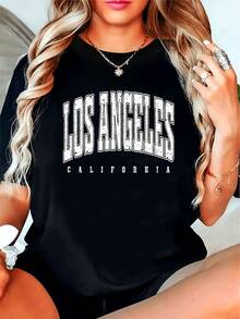 Plus - Camiseta de Mujer de Tejido Grueso con Estampado de Los Ángeles, California - Negra con Letras Blancas en Negrita - Camiseta para Uso Diario y Ocasiones Especiales - Top Casual para Todas las Temporadas, Adecuada para el Hogar, Viajes, - Ideal para Tallas Grandes, Esencial para el Uso Diario, Ropa Casual, Camiseta con Estampado Geométrico, Ajuste Cómodo, Ropa para el Hogar, Estilo Urbano, Construcción Duradera, Camiseta Estampada, para Entusiastas del Estilo Urbano. Camiseta de manga corta cómoda y versátil. - Negro - Ver 9