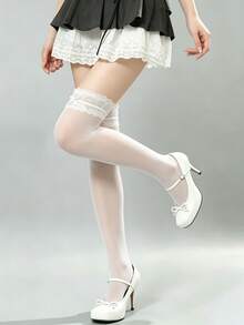 1 Pair Women's White Lace Bow Over-The-Knee Long Stockings, Soft Semi-Transparent Knee-High Socks, Cute Lolita Style Elastic Tights, Suitable For Spring/Summer, Party And Daily Wear - White - View 4