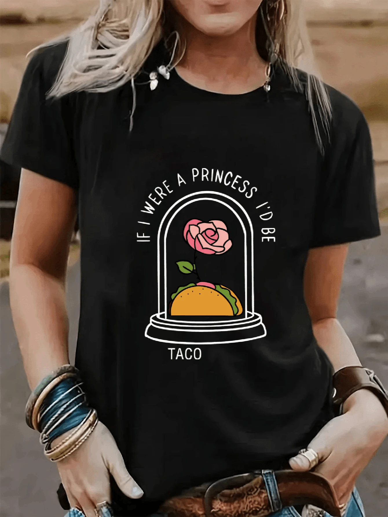 Camiseta de manga corta casual de cuello redondo suelta impresa rosa de primavera verano para mujeres - Negro - Ver 1