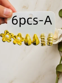 Bộ khuyên tai kim loại cao cấp, thiết kế hoa/giọt nước/mùa xuân, bộ khuyên tai đeo hàng ngày, bộ khuyên tai kim loại thanh lịch. - Vàng - Xem 2