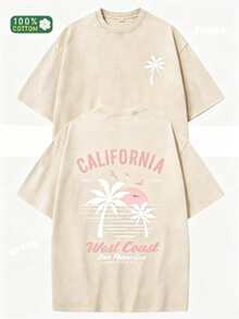 230g Heavyweight Washed Vintage T-Shirt For Women - Loose Fit Round Neck Short Sleeve, California Beach Surf And Palm Tree Print, Casual Summer Wear - 杏色 - 查看 9