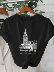 Reloj histórico que representa el poder eterno del tiempo en la ciudad de Londres con líneas artísticas que evocan la arquitectura majestuosa camiseta de mujer urbana moderna y cómoda para uso diario - Negro - Ver 6