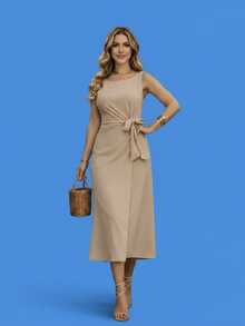 Women's Midi Tailored Dress With Side Tie - Elegant - Evangelical Fashion - 米色 - 查看 3