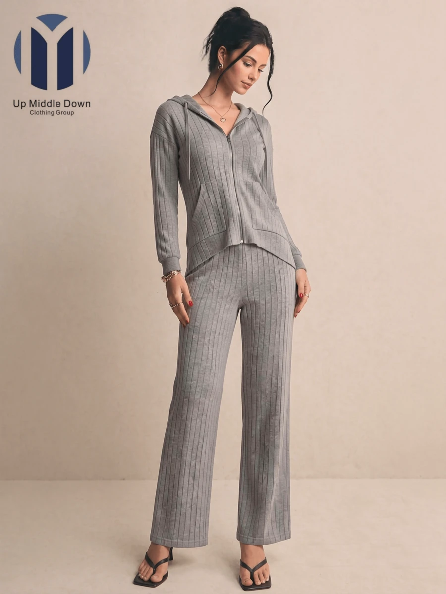 Conjunto de Dos Piezas para Mujer: Sudadera con Gorro y Pantalón Wide Leg de Canalé - Ideal para Primavera y Casual - Gris - Ver 1