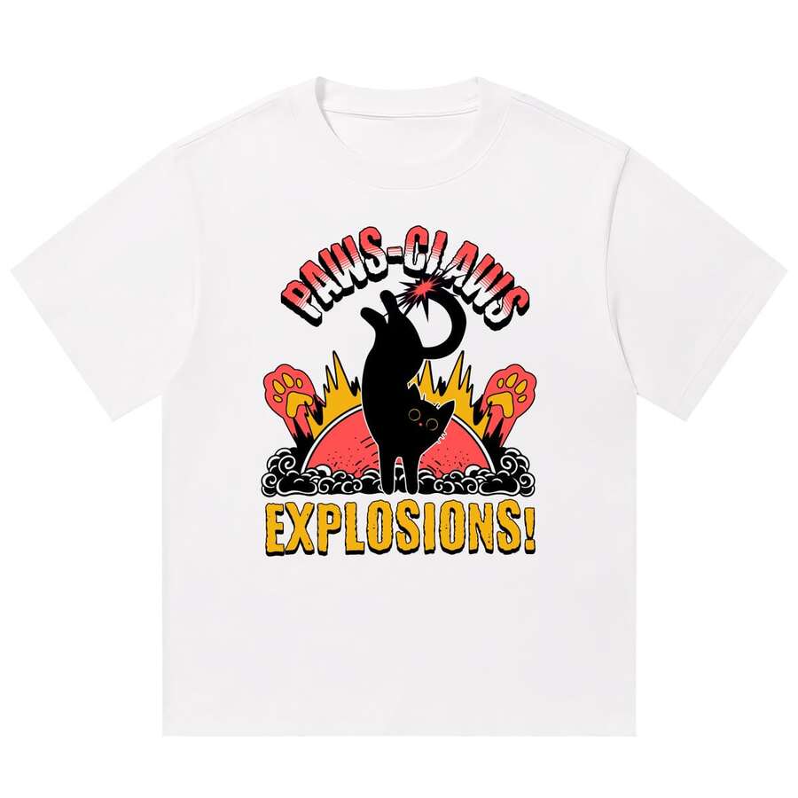 Boy Camiseta De Manga Corta Con Estampado De Gato VolcáNico Para Hombre Y Mujer, Estilo Americano, 280 G/M², Corte Holgado - Blanco - Ver 1