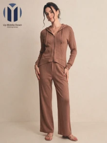 Women's Two-Piece Set: Hoodie And Wide-Leg Ribbed Pants - Ideal For Spring And Casual Wear - Mocha Brown - View 3