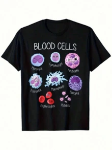 Células sanguíneas coloridas representadas con estilo educativo y divertido mostrando glóbulos rojos blancos plaquetas y linfocitos con rostros alegres camiseta de mujer casual cómoda ideal para uso diario - Negro - Ver 8