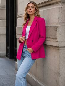 Blazer de manga larga de doble botonadura de unicolor para primavera y otoño - Rosa Fucsia - Ver 6