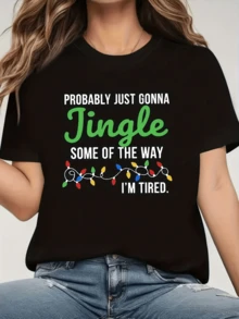 Frase humorística sobre cansancio y espíritu festivo con luces navideñas multicolores que transmiten alegría relajada camiseta de mujer casual cómoda para uso diario - Negro - Ver 1