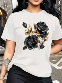 Dos rosas oscuras con reflejos dorados simbolizan misterio elegancia y fuerza interior en perfecta armonía natural camiseta de mujer moderna y atractiva para uso diario - Blanco - Ver 8