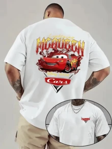 (Disney Licensed)Disney Cars Lightning McQueen Vintage Racing Graphic T-Shirt, Men's 100% Cotton Crew Neck Short Sleeve Tee, Loose Fit Casual Streetwear, Retro Flame Text Lightning McQueen Back & Chest Print T-Shirt For Men, Mens Clothes, Men, Ropa De Hombre, Summer Clothes, Men Shirts, Graphic Tees, Disney Outfits Men, Graphic Tees, Camisetas Para Hombre, Camisas Para Hombre, Summer Outfits For Men, Father's Day Gift, Perfect Gift For Family And Friends, Which Are Necessary For Birthday Parties, Disney Shirts, Mens Clothes, Summer Clothes, Officially Licensed Disney T-Shirts, Disney Men's And Women's Spring/Summer Fashion Casual Short-Sleeve T-Shirts - trắng - Xem 1