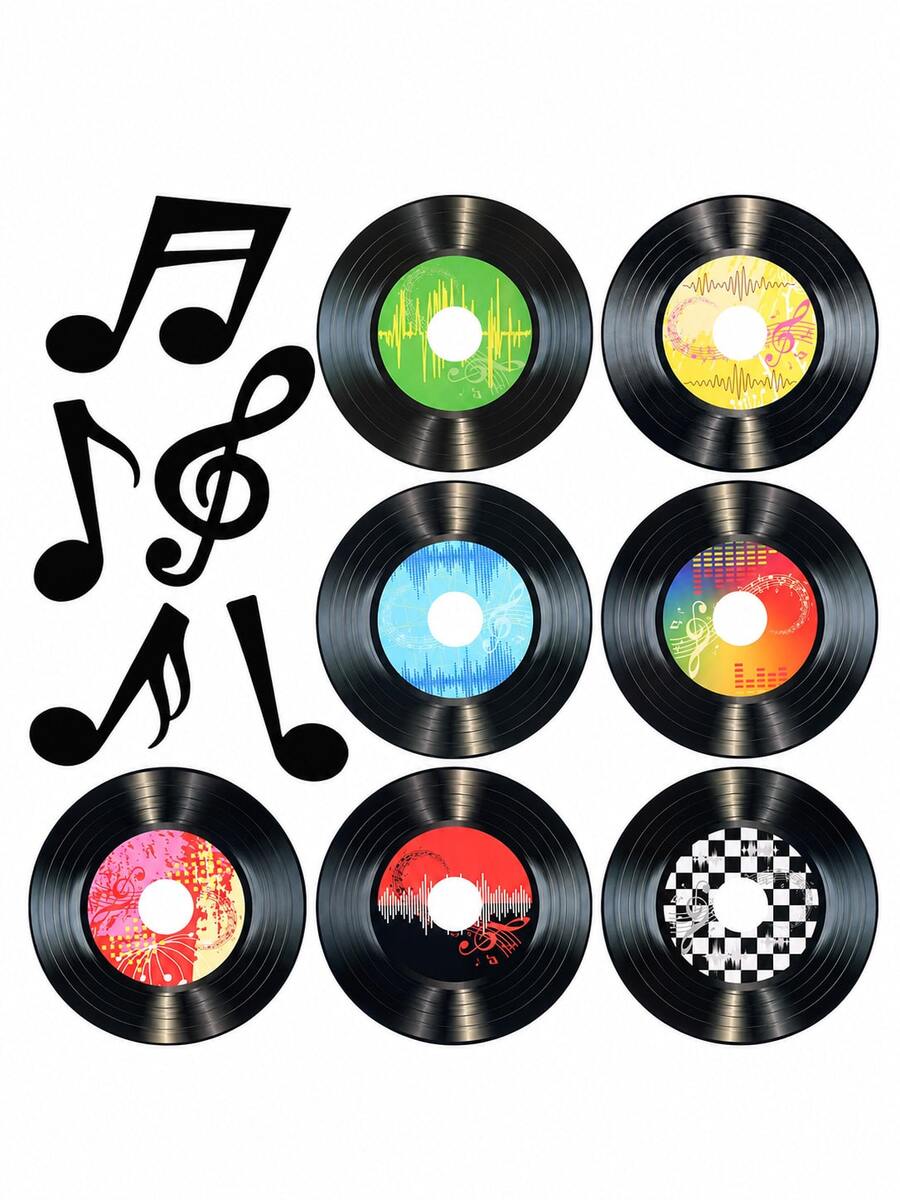 12pcs Retro Music Party Decorations, Music Note Paper Cutting And Vinyl Record Wall Decor, Suitable For 1950s-1970s And 1990s Disco Birthday Party, Classroom, School, Home, Music Concert Themed Decor - Note Record Set - View 1