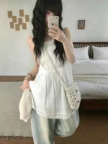 韩版时尚春季蕾丝边提花吊带裙，优雅可爱白色夏季女式吊带裙 - 白色 - 查看 4