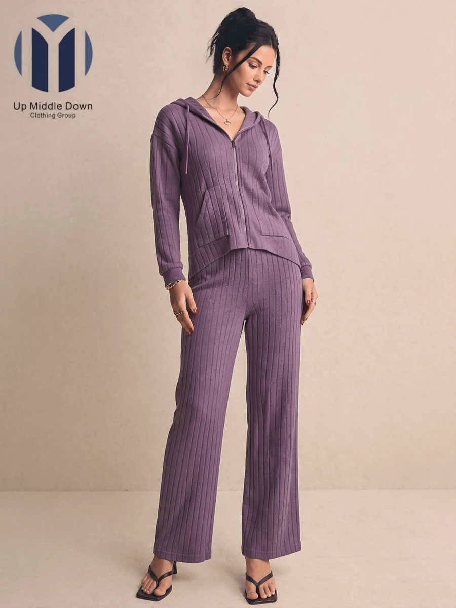 Women's Two-Piece Set: Hoodie And Wide-Leg Ribbed Pants - Ideal For Spring And Casual Wear - Purple - View 1