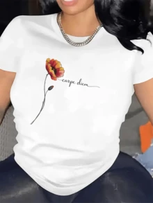 Red And Yellow Flower Symbolizing Inner Strength And The Beauty Of Living Each Moment, Accompanied By The Phrase "Carpe Diem". Women's Casual, Modern, Comfortable T-Shirt For Everyday Wear - 白色 - 查看 6