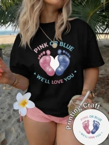 Huellas rosadas y azules formando un corazón que simboliza amor incondicional y ternura hacia un nuevo comienzo ideal para momentos especiales camiseta de mujer cómoda para uso diario - Negro - Ver 8