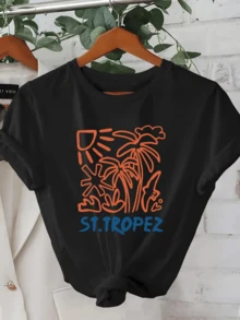 Sol radiante sobre palmeras y hojas tropicales que evocan la frescura del verano y los encantos del mar Mediterráneo con detalle artístico moderno camiseta de mujer casual cómoda para uso diario - Negro - Ver 1