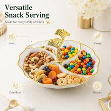 1pc Elegant Gold Rim 4-Compartment Dessert Plate, PS Plastic Divided Fruit Tray With Ginkgo Leaf Handle, Home Gathering Candy & Nut Serving Dish - Multicolor - View 10