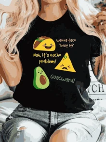 Camiseta Premium para Mujer con Diseños Divertidos de Cocodrilo, Aguacate y Nachos - Suave y Elástica - Lavable a Máquina - Camiseta Casual con Diseños de Comida Humorísticos, Adecuada para Primavera, Verano y Otoño, Temporal y Versátil, Ecológica. - Negro - Ver 7