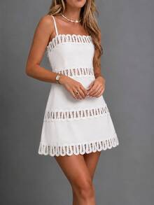 Floral Print Mini Dress Spaghetti Strap Lace Trim A Line Dress Cute Summer Outfit For Women - 白色 - 查看 2
