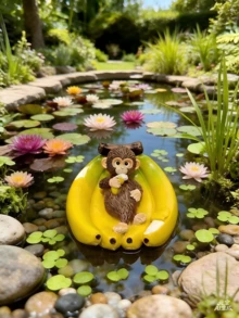 1PC Cute Banana Little Monkey Floating Ornament, Made Of Resin, Waterproof And Sun-Resistant, Suitable For Outdoor Gardens And Pond Landscaping Decoration. Creative Cartoon Monkey Lying On A Banana Shape, Can Stably Float On Water Without Sinking. A Good Item For Garden Ponds, Aquariums, And Water Landscapes. Healing And Adorable Atmosphere-Enhancing Ornament, Fun Decoration For Balcony Water Features And Crafts. - 1PC - View 5