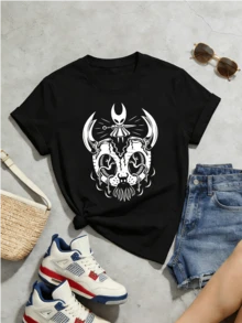 Camiseta de manga corta con cuello redondo suave y casual para mujer, estampado gráfico del personaje Hollow Knight, adecuada para primavera y verano. Blanca. - Negro - Ver 5