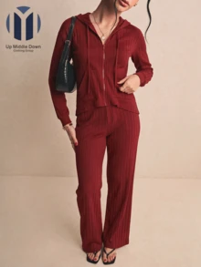 Conjunto de Dos Piezas para Mujer: Sudadera con Gorro y Pantalón Wide Leg de Canalé - Ideal para Primavera y Casual - Color caoba - Ver 4