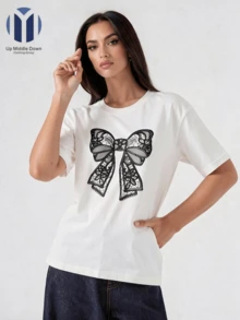 Playera Casual de Manga Corta para Mujer con Estampado de Moño Estilo Encaje - Ideal para Verano - Blanco - Ver 3