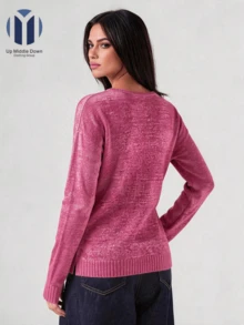 Suéter Casual de Punto Ligero para Mujer: Cuello Redondo y Estilo Relajado - Ideal para Otoño e Invierno - Rosa Roja - Ver 2