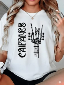Skeletal Hand Raising The Rock Sign And Fused With Guitar Strings Symbolizing Freedom, Passion And Inner Strength. Modern Casual Women's T-Shirt For Everyday Wear - White - View 1