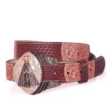 Premium Leather Country Belt Our Lady Of Aparecida With Impactful Buckle - Red - View 3
