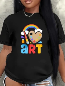 A Palette With A Heart Surrounded By Rainbows And Paintbrushes Symbolizes Creative Passion And The Joy Of Art. Full Of Color And Emotion, This Comfortable Casual Women's T-Shirt Is Perfect For Artists And Lovers Of Self-Expression. - 黑色 - 查看 6