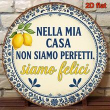 2D Flat Iron Wall Decor With Italian Home Quotes - Vintage Italian Kitchen, Dining Room, Living Room, Bedroom, Study - Lemon Theme With Italian Text - 20x20cm Round, Room Decor, Kitchen Decor, Retro Design, Pre-Drilled Holes, Style As Shown In Size Chart - Multicolor - View 1